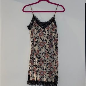 Floral slip dress with black lace trim